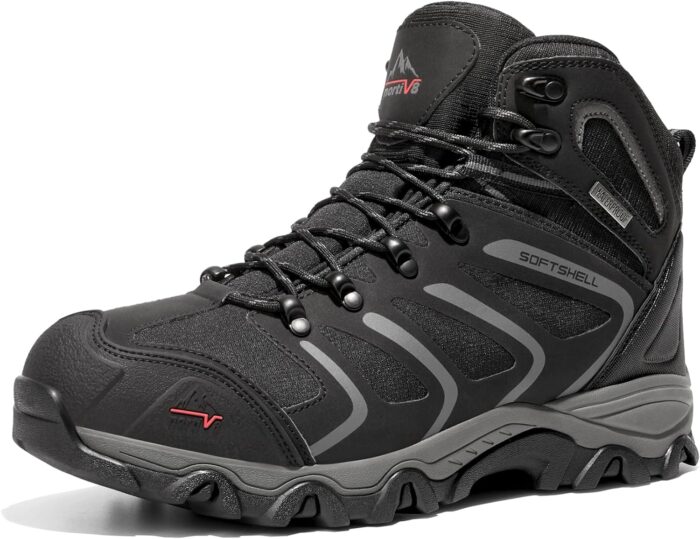 Hiking boots for stability and traction on rough terrain